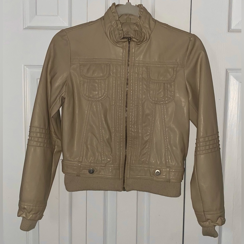 Leather type tan/beige jacket for girls size large (10-12)